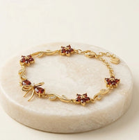 Orange Stone Bow & Floral Bracelet - Anti Tarnish Gold Plated-Tulip