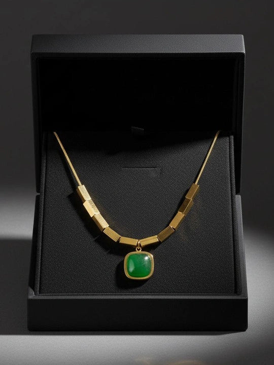 Anti-Tarnish Geometric Green Stone Pendant Necklace - Gold Plated