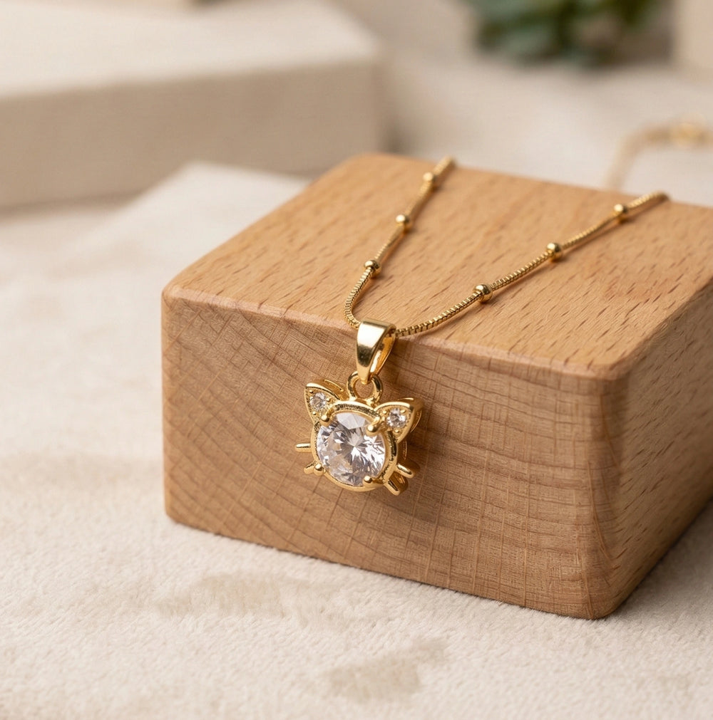 Anti-Tarnish Gold Plated Cat Pendant Necklace | Sparkling CZ Kitty Jewelry for Women & Girls