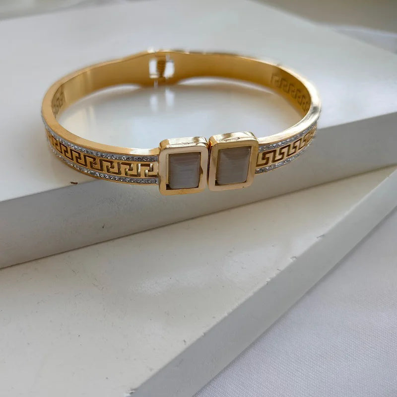 Greek Key Opal Stone Bangle - Anti-Tarnish Gold Plated Bracelet for Women