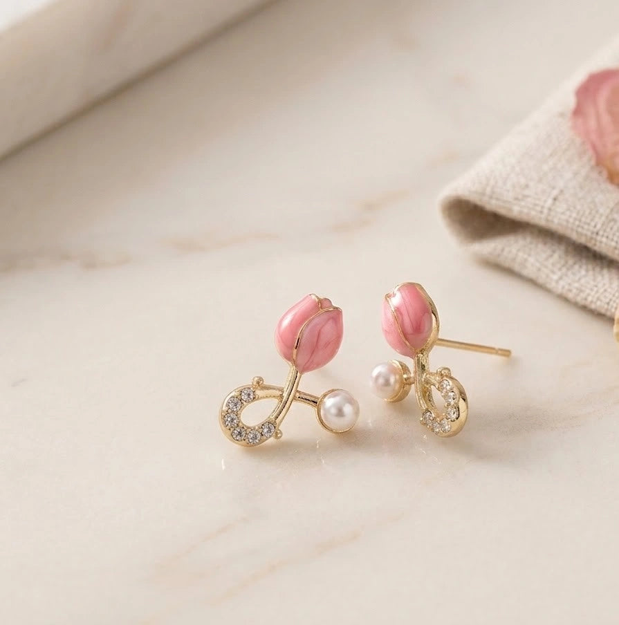 Pink Tulip & Pearl Floral Stud Earrings | Premium Korean Fashion Jewelry