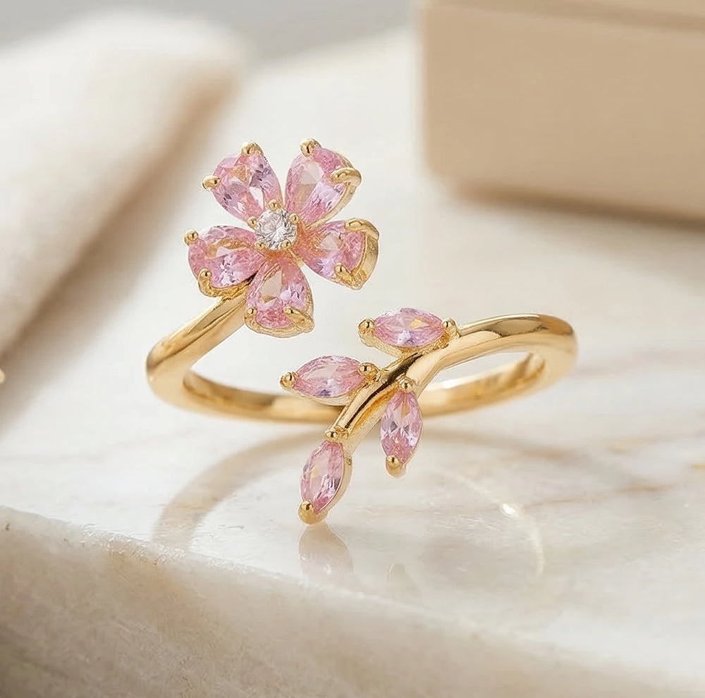 Pink Floral Leaf Adjustable Ring - High Quality Gold Fashion Jewelry
