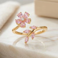 Pink Floral Leaf Adjustable Ring - High Quality Gold Fashion Jewelry