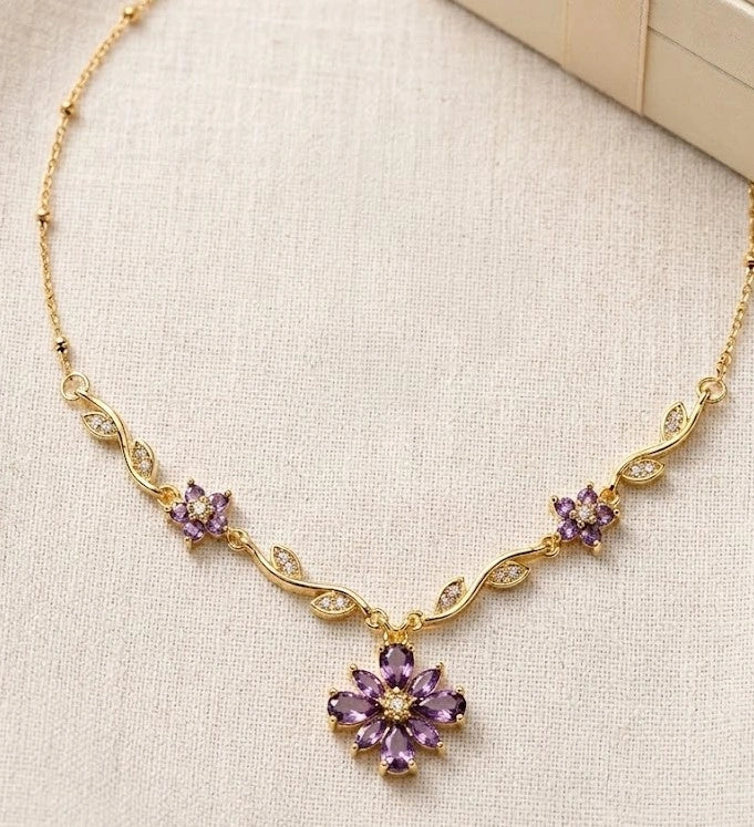 Purple Floral Vine Anti-Tarnish Gold-Plated Necklace