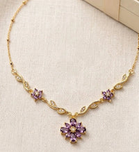 Purple Floral Vine Anti-Tarnish Gold-Plated Necklace