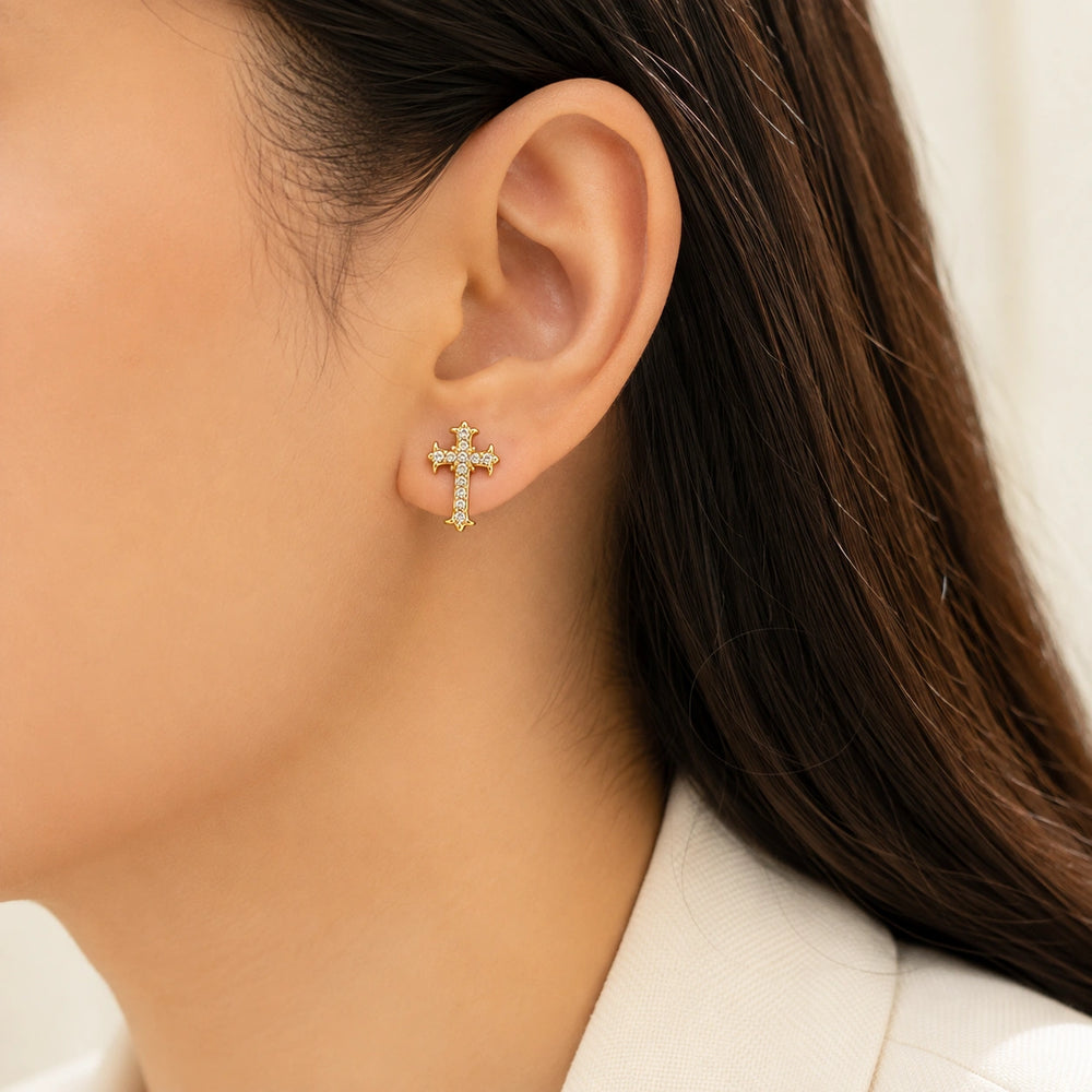 Crystal Cross Stud Earrings - Anti Tarnish Gold Plated | Minimalist Jewelry