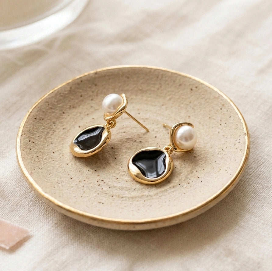 Black & Gold Pearl Drop Earrings | Elegant Statement Fashion Jewelry