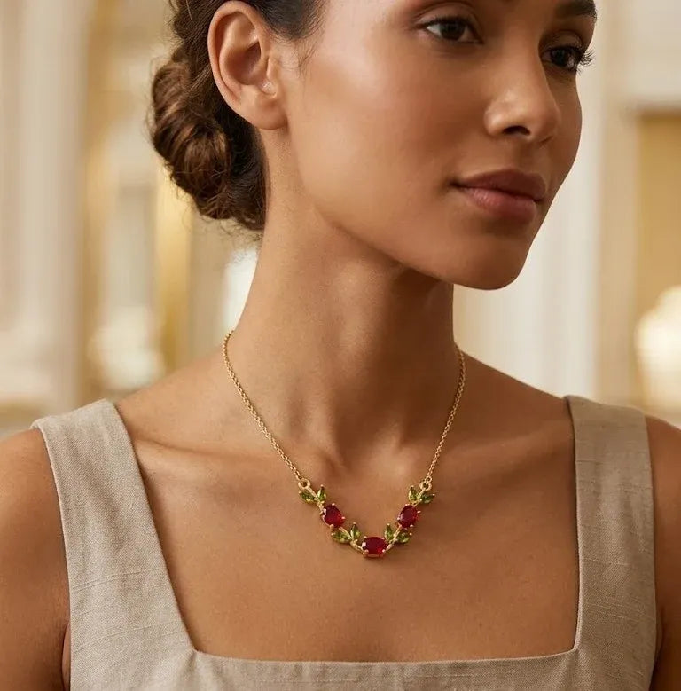 Elegant Floral Vine Red & Green Stone Gold-Plated Jewelry Set