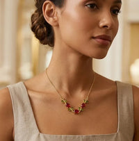 Elegant Floral Vine Red & Green Stone Gold-Plated Jewelry Set
