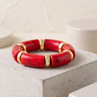 Crimson Red Tube Statement Bracelet with Gold Accents