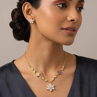 Floral Vine Anti-Tarnish Gold Plated Necklace with Purple & Clear Crystals