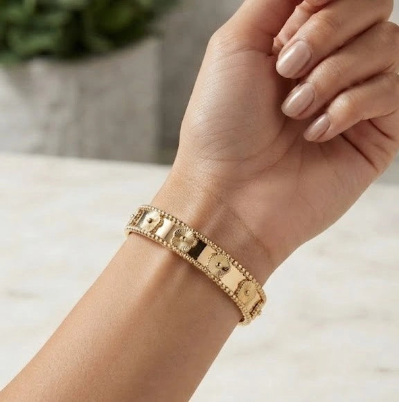 Anti-Tarnish Floral Motif Bangle - Gold Plated Vintage Bracelet