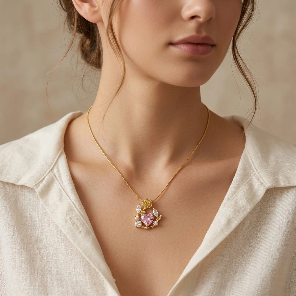 Pink Heart & Rose Floral Pendant Necklace - Anti Tarnish Gold Plated