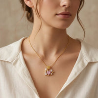 Pink Heart & Rose Floral Pendant Necklace - Anti Tarnish Gold Plated