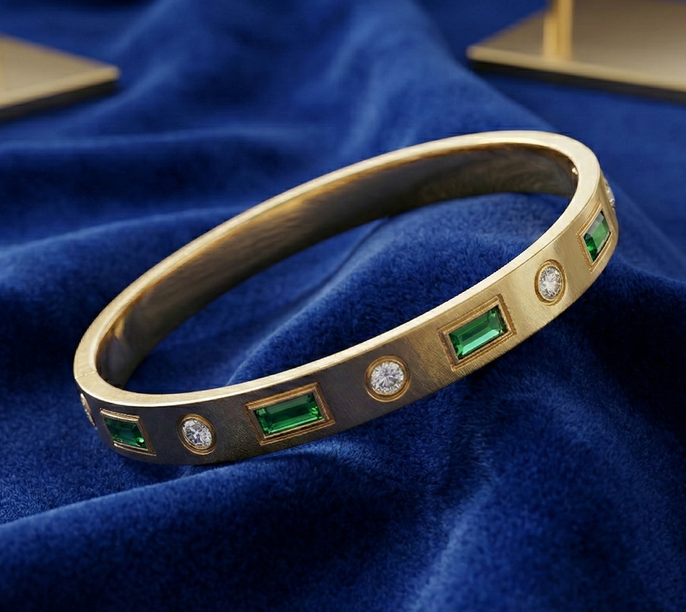Emerald Green Stone Anti-Tarnish Gold Plated Bangle Bracelet for Women