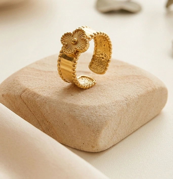 Anti-Tarnish Gold Plated Clover Motif Ring - Adjustable Floral Band