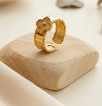 Anti-Tarnish Gold Plated Clover Motif Ring - Adjustable Floral Band