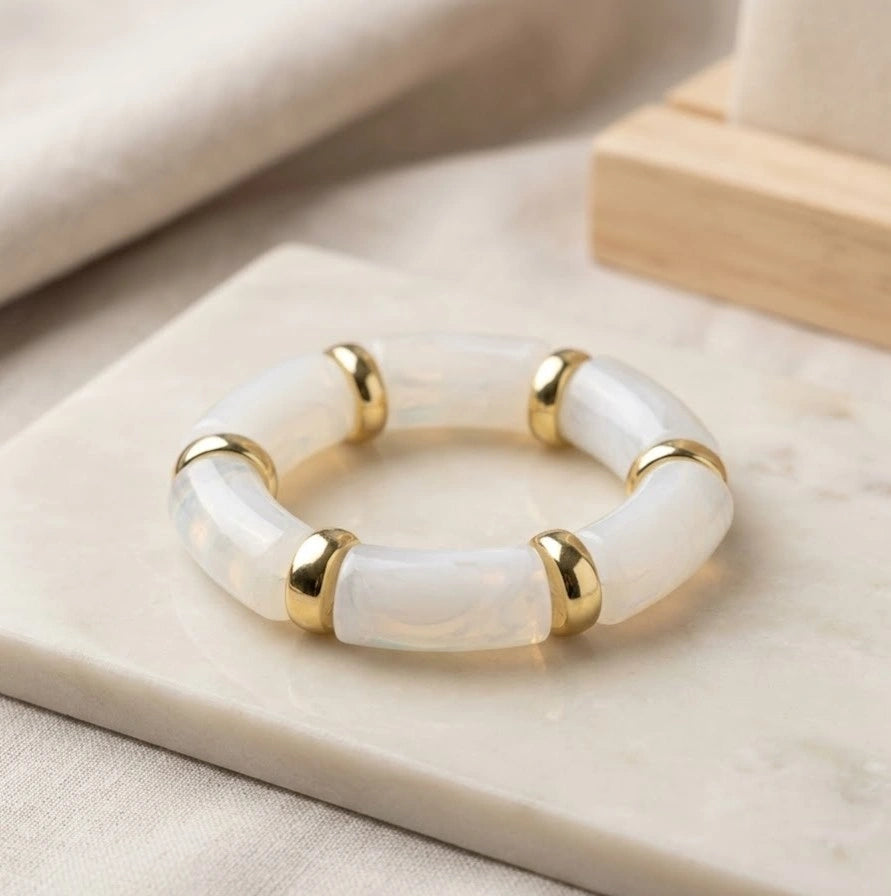 White Marble Pattern Tube Bracelet with Gold Toned Spacers