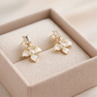 White Enamel Floral Pearl Earrings with Crystal - Premium Fashion Jewelry