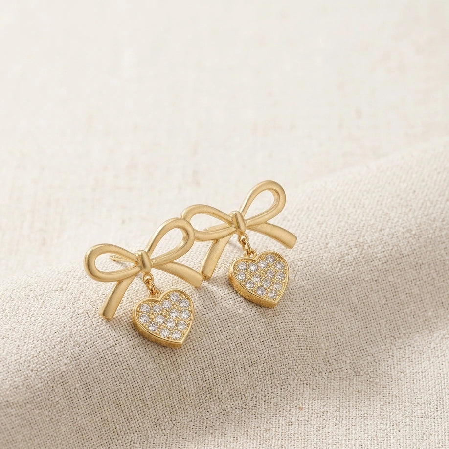 Premium Gold Bow and Crystal Heart Drop Earrings for Women