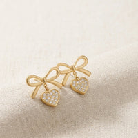 Premium Gold Bow and Crystal Heart Drop Earrings for Women