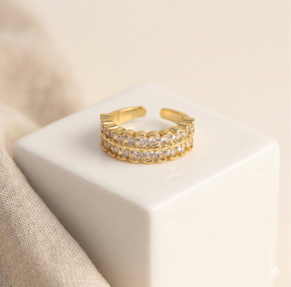 Premium Gold Plated Double Row CZ Adjustable Fashion Ring for Women