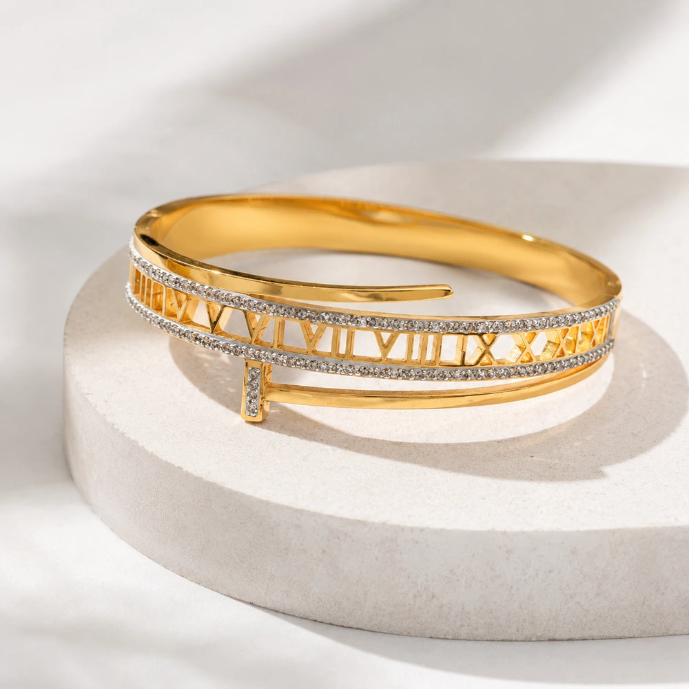 Roman Numeral Layered Cuff Bracelet | Anti-Tarnish Gold-Plated