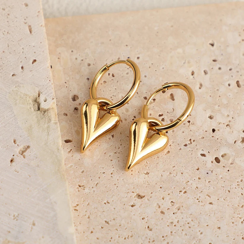 Puffy Heart Drop Hoop Earrings - Anti Tarnish Gold Plated
