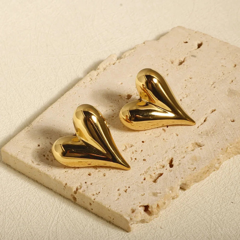 Puffy Heart Stud Earrings - Anti-Tarnish Gold Plated | 3D Design