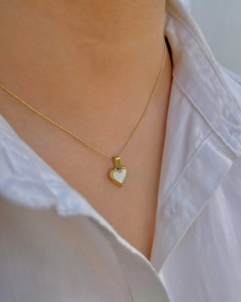 Puffy White Heart Snake Chain Necklace - Anti-Tarnish 18K Gold Plated