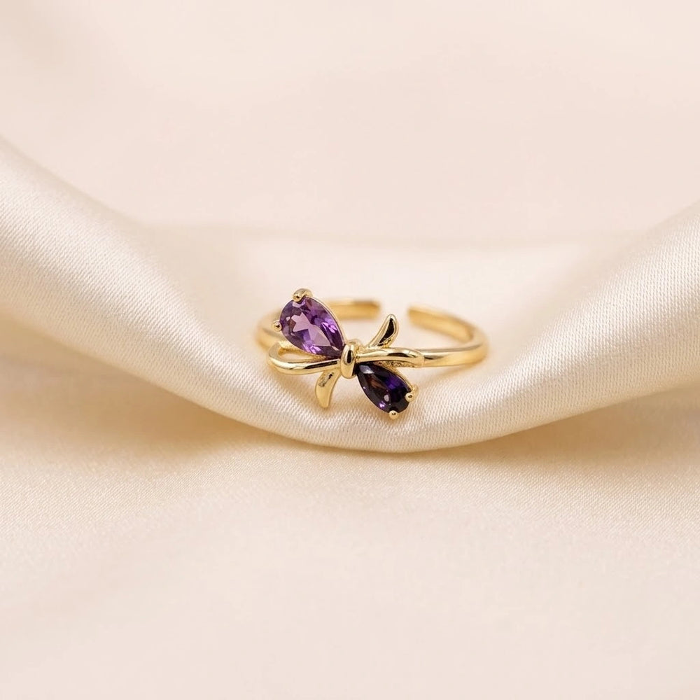 Purple Crystal Bow Ring - Anti-Tarnish Gold Plated Minimalist Jewelry