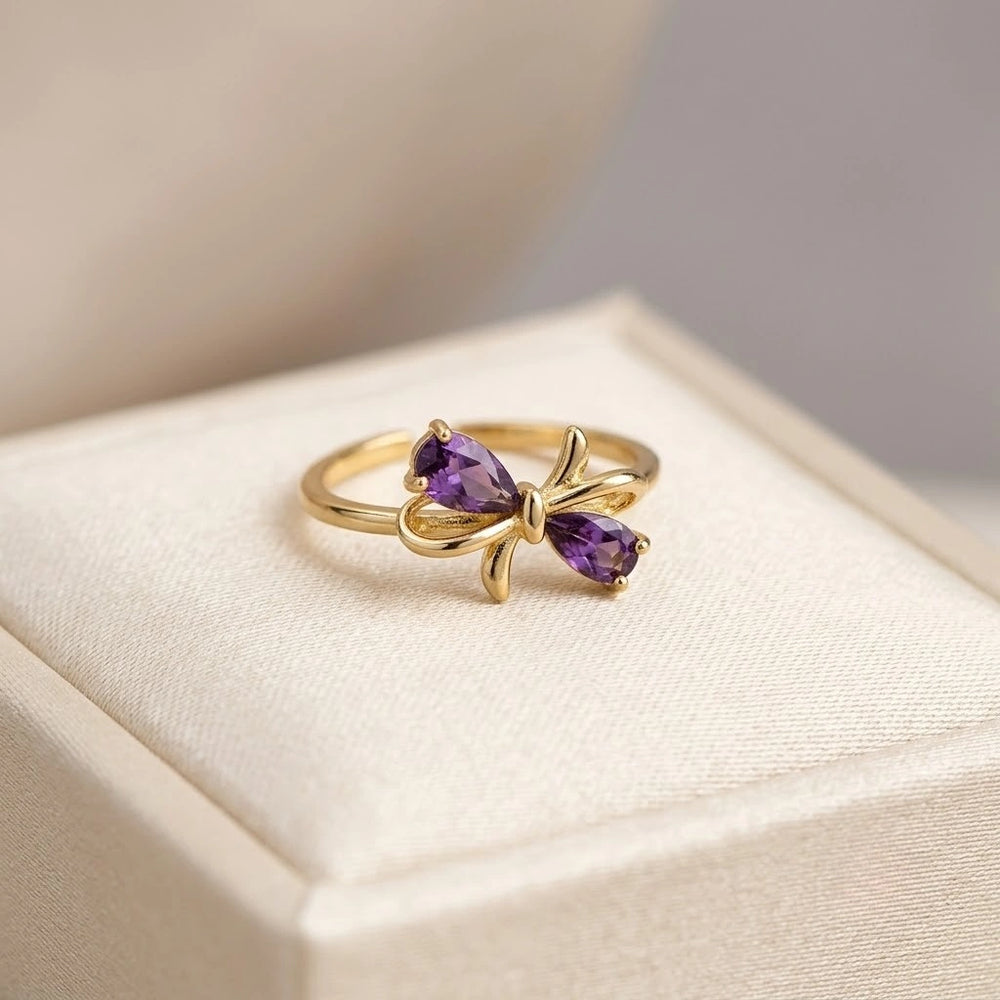Purple Crystal Bow Ring - Anti-Tarnish Gold Plated Minimalist Jewelry