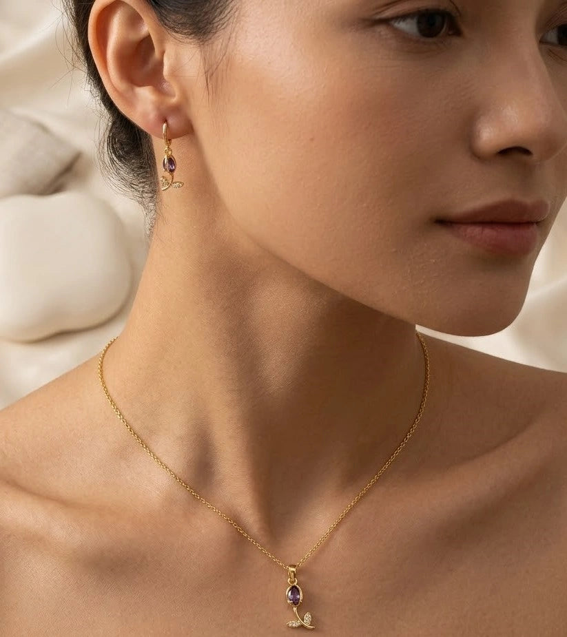 Purple Crystal Floral Drop Jewelry Set - Anti Tarnish Gold Plated Necklace & Earrings-Tulip