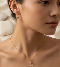 Purple Crystal Floral Drop Jewelry Set - Anti Tarnish Gold Plated Necklace & Earrings-Tulip