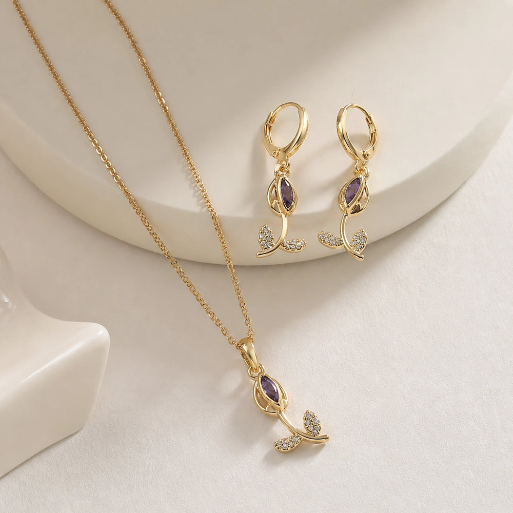 Purple Crystal Floral Drop Jewelry Set - Anti Tarnish Gold Plated Necklace & Earrings-Tulip