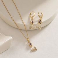 Purple Crystal Floral Drop Jewelry Set - Anti Tarnish Gold Plated Necklace & Earrings-Tulip