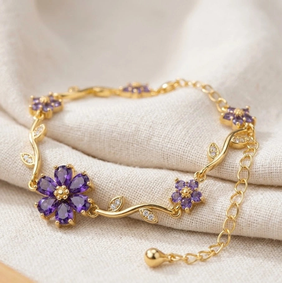 Purple Floral Anti-Tarnish Gold Plated Bracelet | Dainty Vine Design