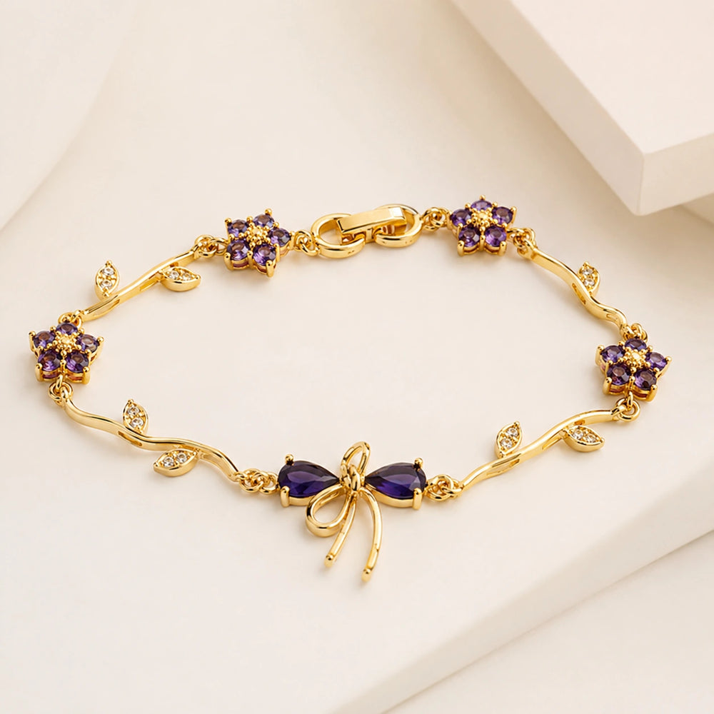 Purple Floral Bow Anti Tarnish Gold Plated Bracelet