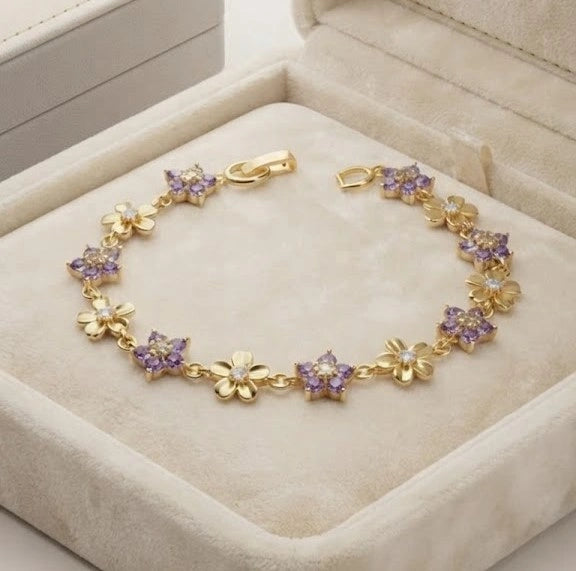 Purple Floral Gold-Plated Bracelet - Anti-Tarnish Dainty Jewelry