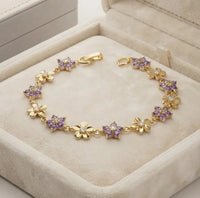 Purple Floral Gold-Plated Bracelet - Anti-Tarnish Dainty Jewelry