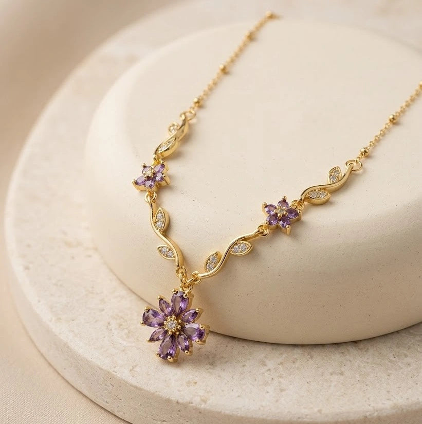 Purple Floral Vine Anti-Tarnish Gold-Plated Necklace