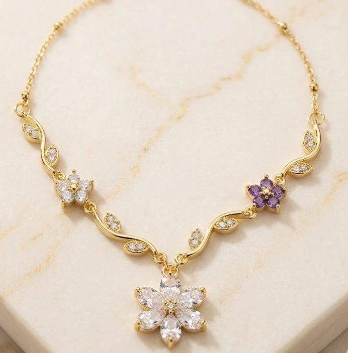 Floral Vine Anti-Tarnish Gold Plated Necklace with Purple & Clear Crystals