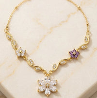 Floral Vine Anti-Tarnish Gold Plated Necklace with Purple & Clear Crystals