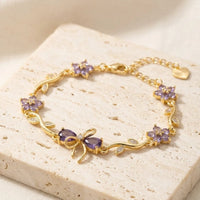 Purple Stone Bow & Floral Vine Bracelet - Anti-Tarnish Gold Plated