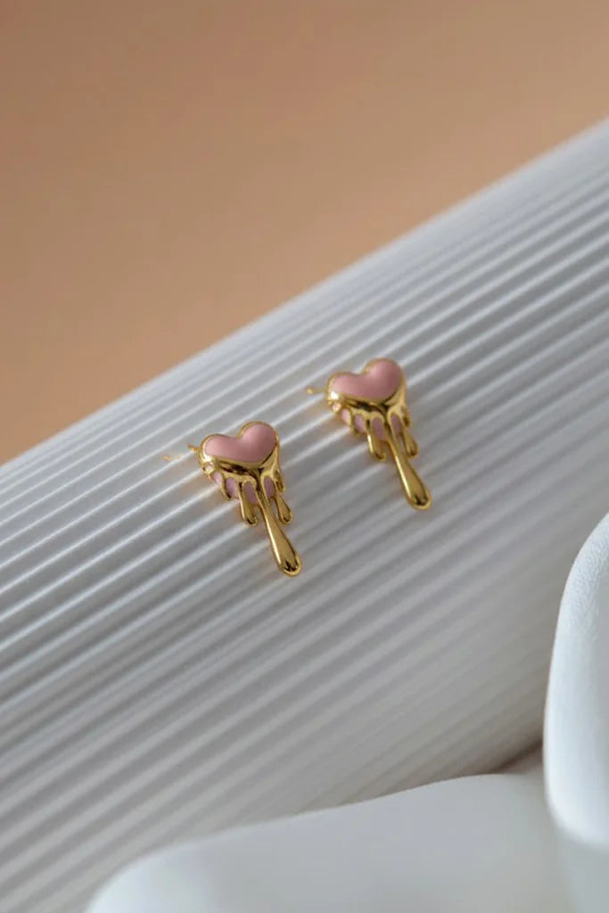 Melting Heart Drip Earrings – Pink & Gold Tone Statement Jewelry – Korean Style