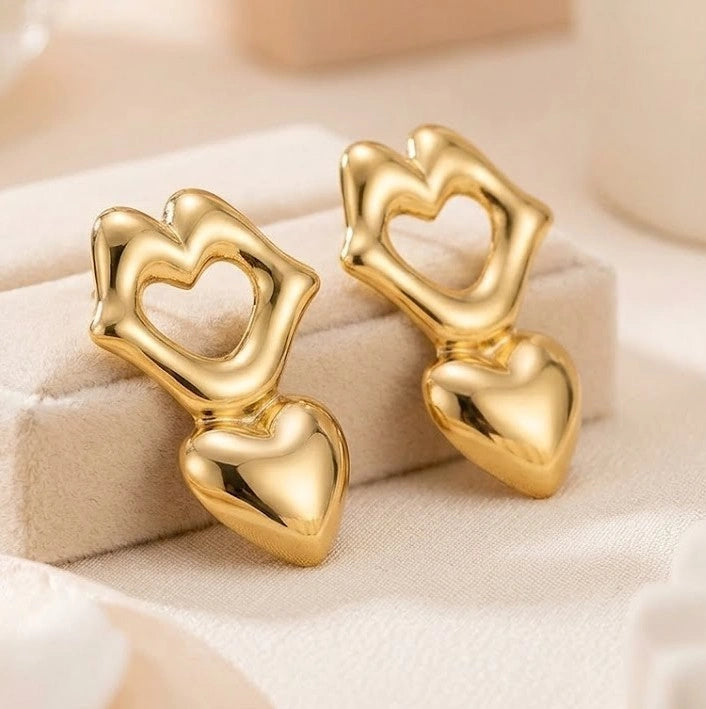 Quirky Lips & Heart Drop Earrings - Anti-Tarnish Gold Plated