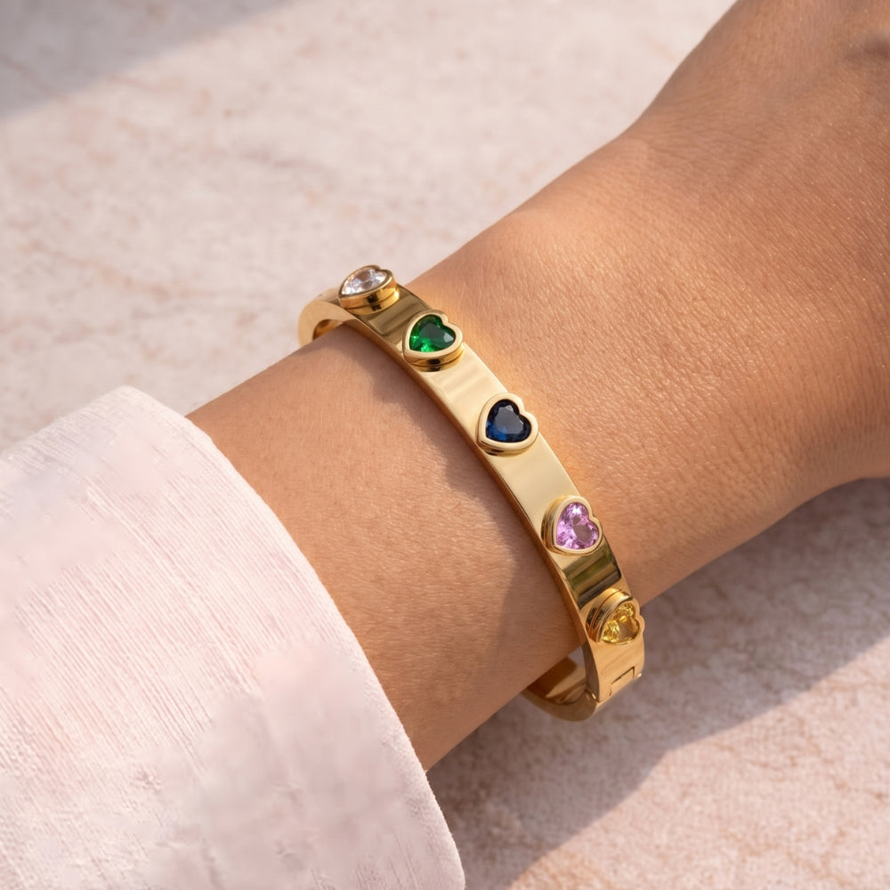 Rainbow Heart Anti-Tarnish Gold Plated Bangle - Minimalist Korean Style Bracelet