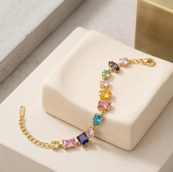 Close up of vibrant mixed stones on anti-tarnish bracelet