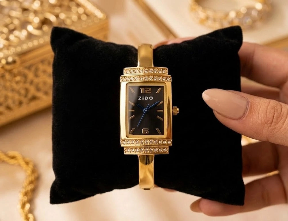 Vintage Rectangular Anti-Tarnish Gold Plated Bangle Watch with Black Dial
