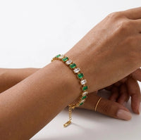 Emerald Green & Clear Baguette Stone Tennis Bracelet - Anti Tarnish